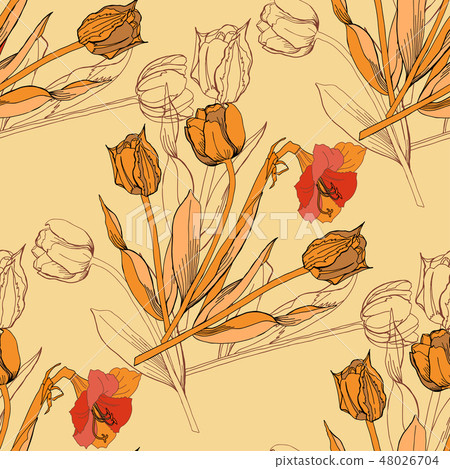Seamless pattern with amaryllis and tulips. Seamless pattern with amaryllis and tulips. 48026704