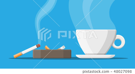 Coffee cup and ashtray full of smokes cigarettes. Coffee cup and ashtray full of smokes cigarettes. 48027098