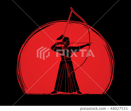 Woman bowing Kyudo graphic vector. Woman bowing Kyudo graphic vector. 48027531