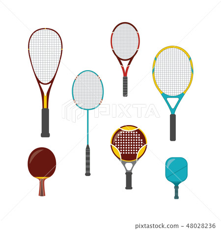 Set of sport game equipment - rackets for badminton, table and big, beach and platform tennis Set of sport game equipment - rackets for badminton, table and big, beach and platform tennis 48028236