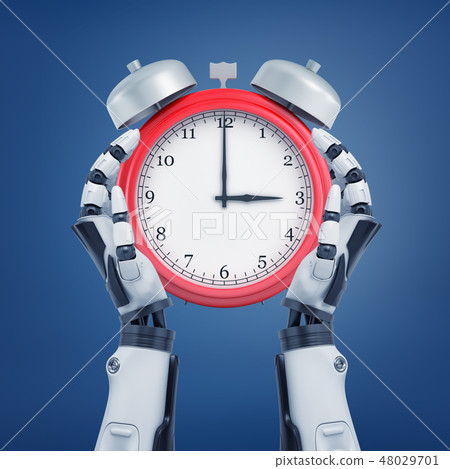 3d rendering of two robotic arms carefully holding a red retro alarm clock. 48029701