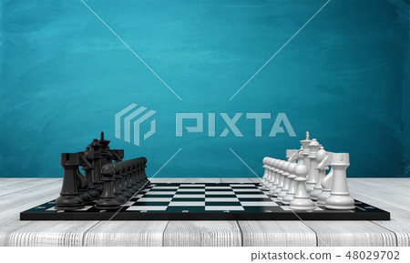 3d rendering of a chess board with two full sets of chessmen standing in start positions on a wooden 48029702