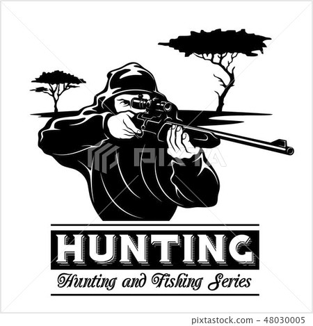 Shooter - man aims with a rifle. Hunting illustration in the engraving style Shooter - man aims with a rifle. Hunting illustration in the engraving style 48030005