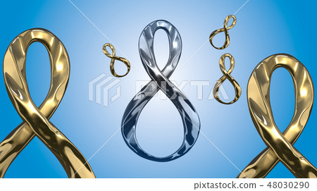 8 March symbol. Figure of eight made of cast gold platinum or silver flying in the air. Decorative 48030290