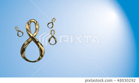 8 March symbol. Figure of eight made of cast gold platinum or silver flying in the air with 8 March symbol. Figure of eight made of cast gold platinum or silver flying in the air with 48030292