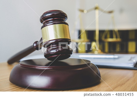 Scales of justice and Gavel on sounding block, object and law bo Scales of justice and Gavel on sounding block, object and law bo 48031455
