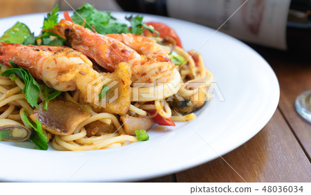 close up spicy spaghetti seafood Thai food, close up spicy spaghetti seafood Thai food, 48036034