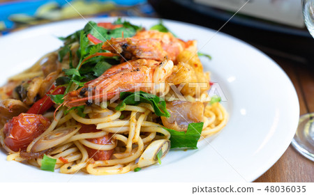 close up spicy spaghetti seafood Thai food, close up spicy spaghetti seafood Thai food, 48036035