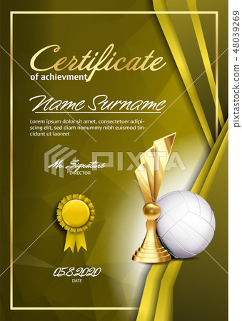 Volleyball Game Certificate Diploma With Golden Cup Vector. Sport Graduate Champion. Best Prize 48039269