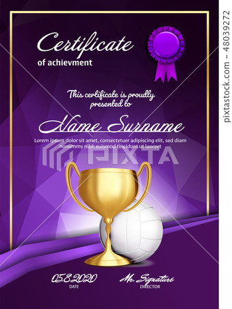Volleyball Certificate Diploma With Golden Cup Vector. Sport Vintage Appreciation. Modern Gift 48039272