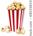 Isolated popcorn in square striped bucket 48039859