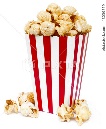 Isolated popcorn in square striped bucket 48039859