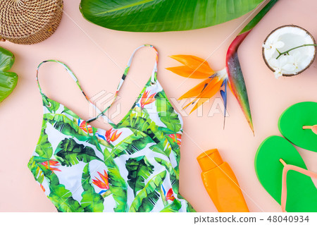 Summer flat lay scenery with swimsuit 48040934