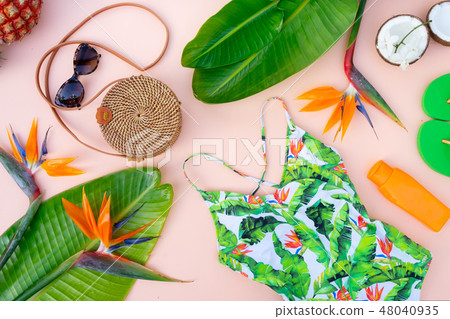 Summer flat lay scenery with swimsuit 48040935