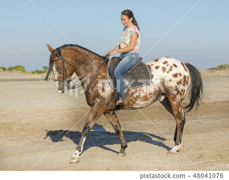 woman and appaloosa horse woman and appaloosa horse 48041076