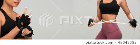 Fitness woman exercise measurement tape waist Fitness woman exercise measurement tape waist 48045582