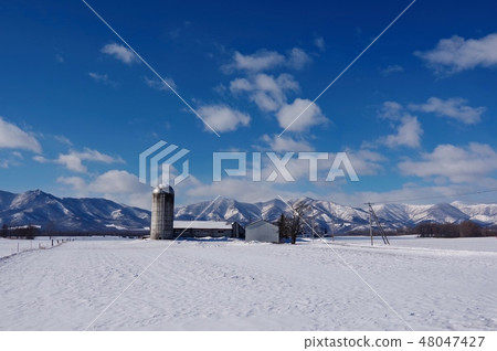 在Hidaka山脈的牧場和冬天的雪 48047427