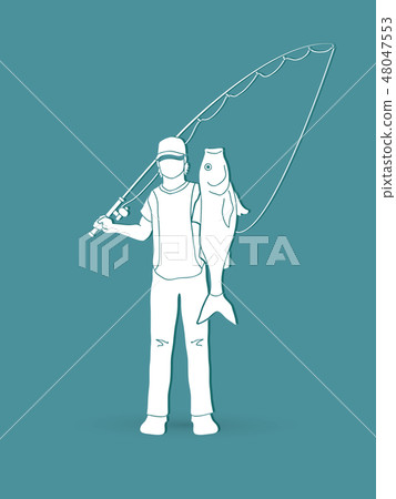 Fisherman standing and show big fish vector 48047553