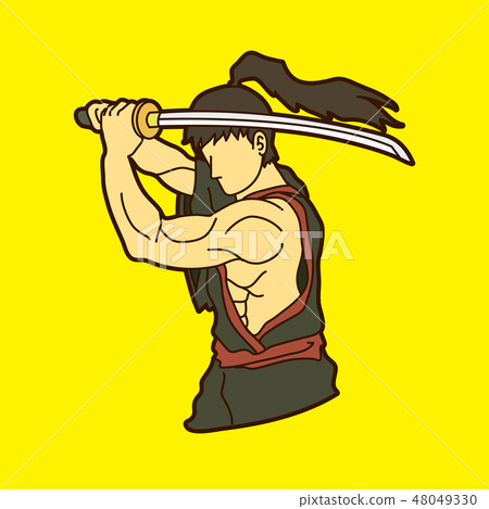 Cartoon stick man drawing conceptual illustration of two samurai  businessmen ready to fight with Japanese katana swords. Stock Vector