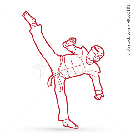 Taekwondo high kick action with guard equipment  48053191