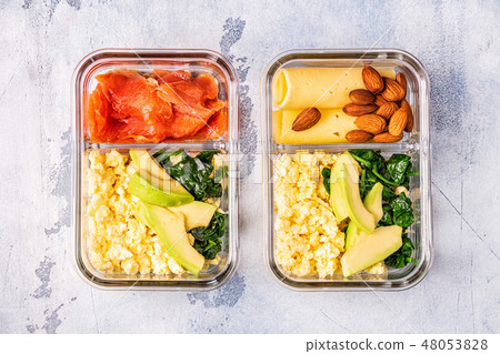 Healthy balanced lunch box, ketogenic diet lunch. 48053828