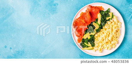 Ketogenic diet breakfast, scrambled eggs, salmon 48053836