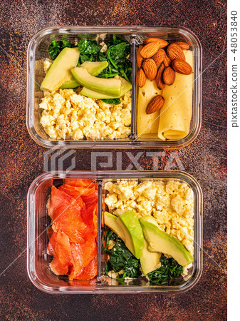 Healthy balanced lunch box, ketogenic diet lunch. 48053840