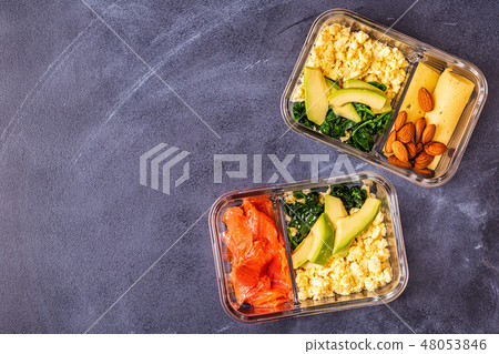 Healthy balanced lunch box, ketogenic diet lunch. 48053846