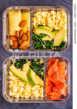 Healthy balanced lunch box, ketogenic diet lunch. 48053847