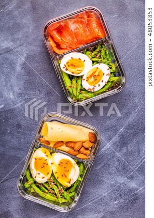 Healthy balanced lunch box, ketogenic diet lunch. 48053853
