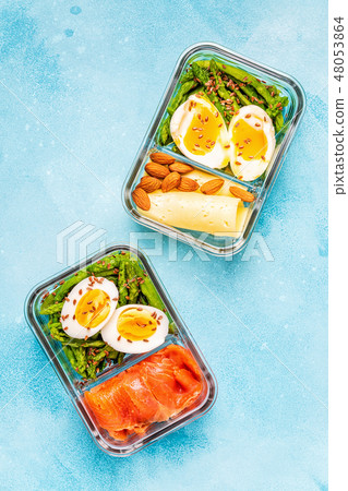 Healthy balanced lunch box, ketogenic diet lunch. 48053864