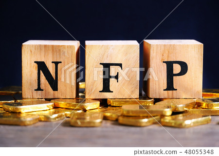 Text "NFP" on wood cube with gold bar on the table Text "NFP" on wood cube with gold bar on the table 48055348