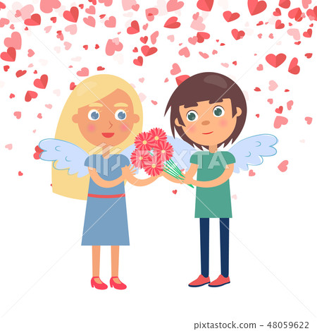Boy Giving Bouquet to Girlfriend, Valentine Vector Boy Giving Bouquet to Girlfriend, Valentine Vector 48059622