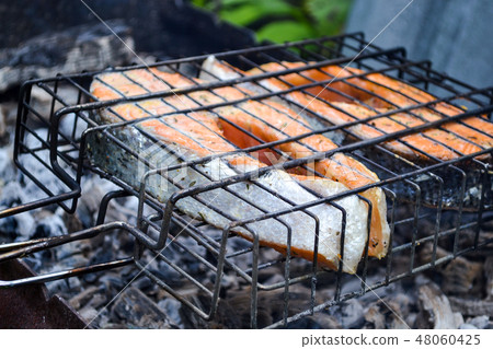 Grilled salmon steak. Grate, coals, smoke 48060425