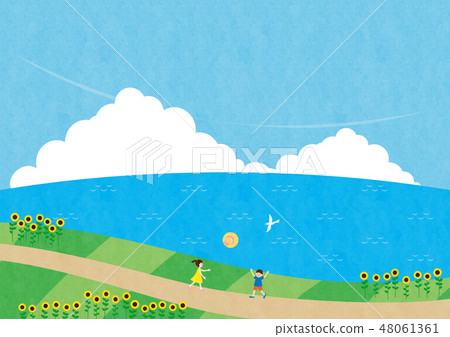 Summer material (sideways) - Scenery where sunflower and sea can be seen 4 Tech 48061361
