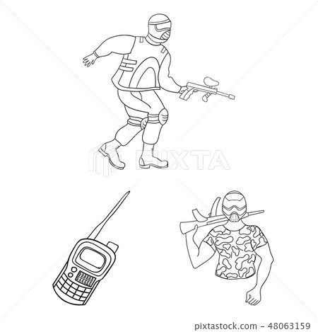 Paintball, team game outline icons in set collection for design. Equipment and outfit vector symbol Paintball, team game outline icons in set collection for design. Equipment and outfit vector symbol 48063159