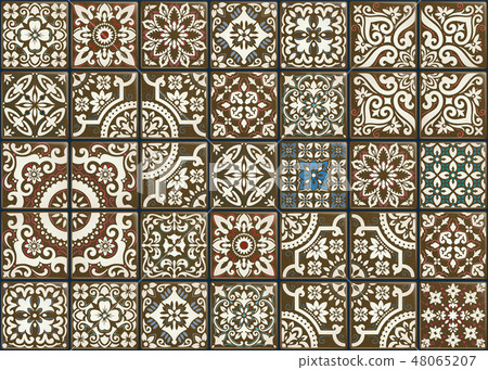 Seamless patchwork tile with Victorian motives. Majolica pottery tile, colored azulejo, original 48065207
