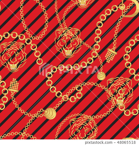 Tiger head and gold chains striped red pattern fashion wild vector design. Tiger head and gold chains striped red pattern fashion wild vector design. 48065518