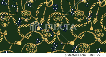 Tiger head and gold chains green pattern fashion wild vector design. Tiger head and gold chains green pattern fashion wild vector design. 48065519