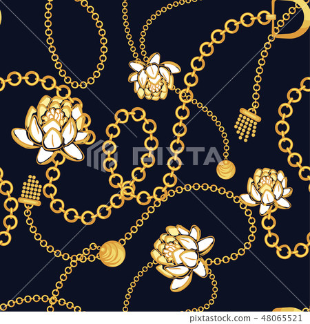 Golden chains bold floral blue pattern fashion vector design. Golden chains bold floral blue pattern fashion vector design. 48065521