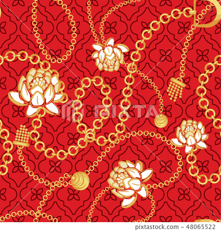 Gold chains red net pattern with bold flowers fashion vector design. Gold chains red net pattern with bold flowers fashion vector design. 48065522