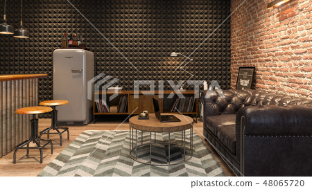 Interior of modern man living room with bar 3D rendering 48065720