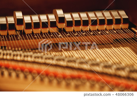 Inside of a piano. Close-up view of hammers and strings inside the piano. Musical instruments Inside of a piano. Close-up view of hammers and strings inside the piano. Musical instruments 48066306