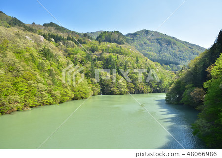 The fresh green Tadami River seen from Fukushima JR Tadami line 48066986