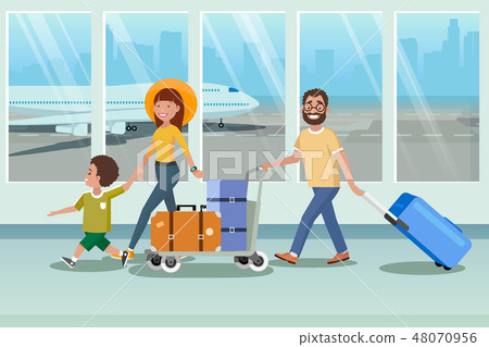 Happy Family Boarding to Plane in Airport Vector 48070956
