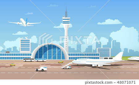 Modern Airport Terminal and Runaway Cartoon Vector 48071071