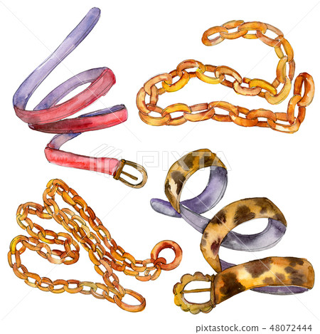 Leather and golden chain belts sketch fashion illustration in a watercolor style background 48072444