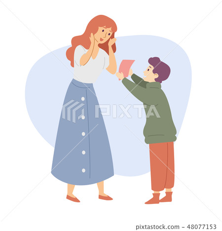 Son gives mother a gift Congratultion celebration family Son gives mother a gift Congratultion celebration family 48077153