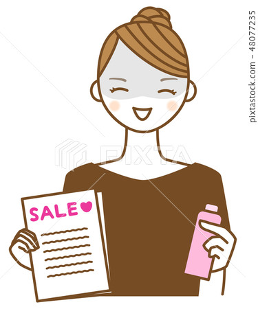 Illustration of a young woman recruiting a sale leaflet and merchandise 48077235