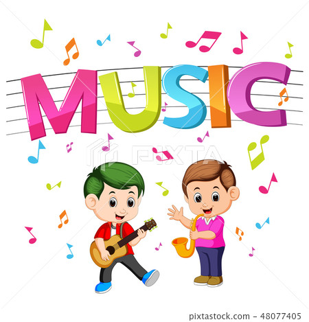 word music with kids playing guitar and saxophone 48077405